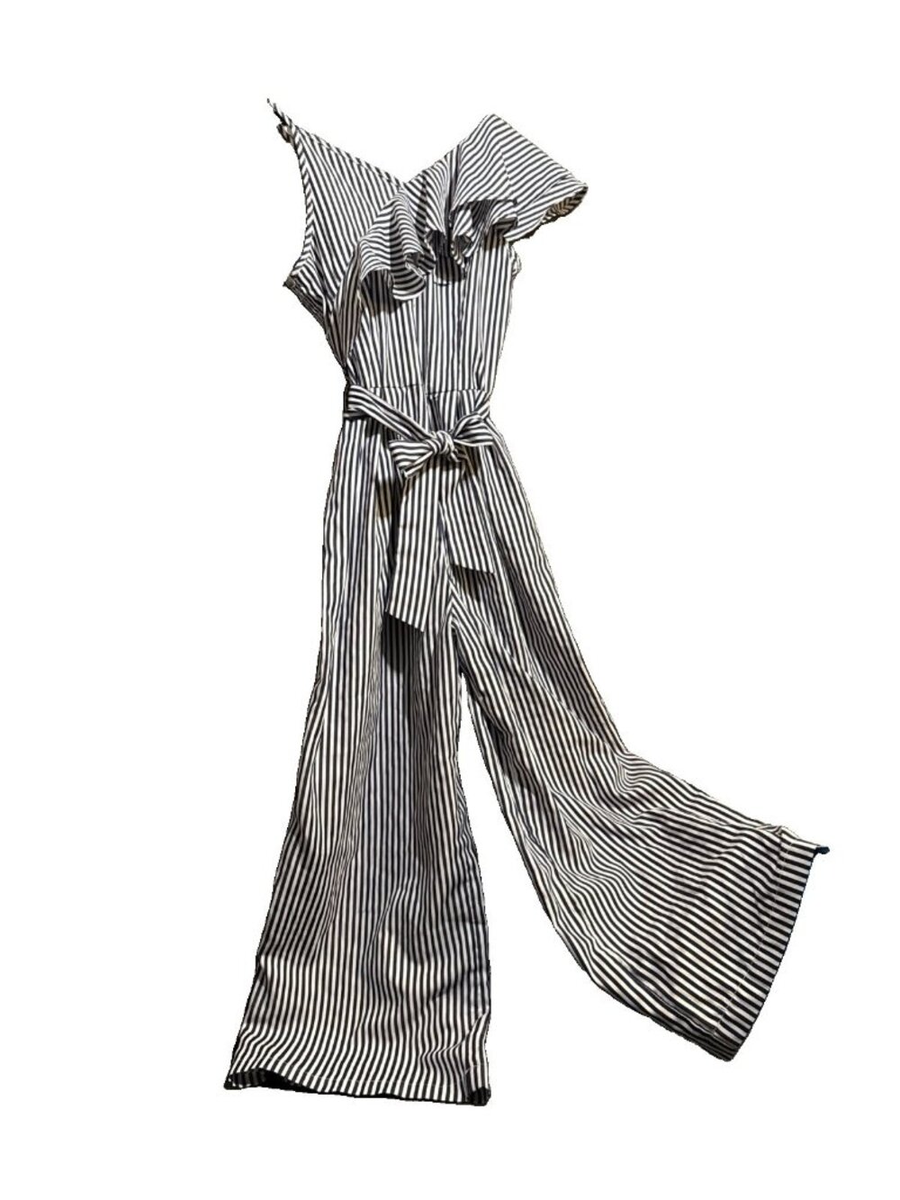 Women’s Blue White Striped Wide-Leg Bow Front Strappy Jumpsuit Size L